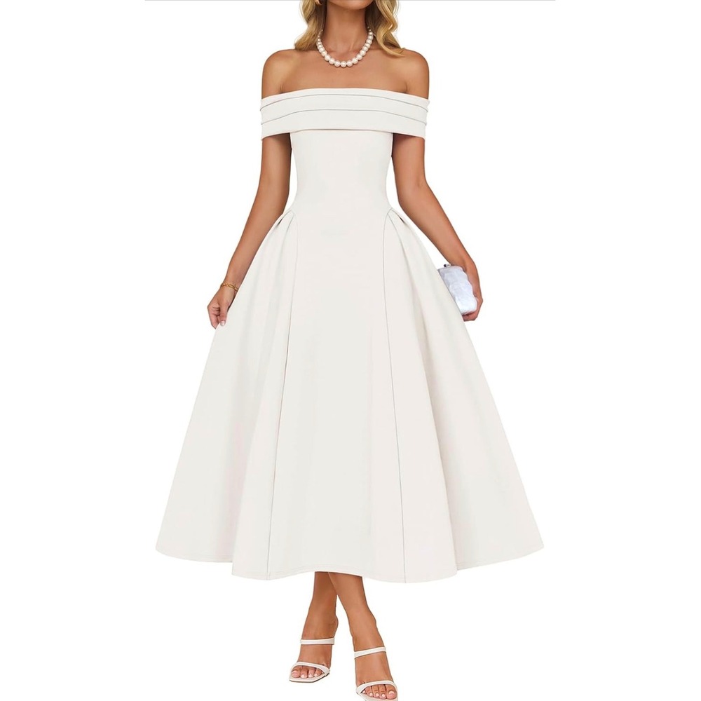 ZESICA Women's Off Shoulder A Line Cocktail Dress White Midi MEDIUM NEW